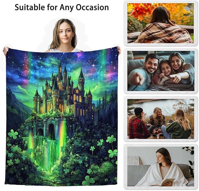 Forest Fantasy Castle Throw Blanket, Medieval and Enchanted Waterfall Stars Blanket for Couch Bedroom Home Decor, Soft and Lightweight Fleece, Machine Washable,40x50 Inches