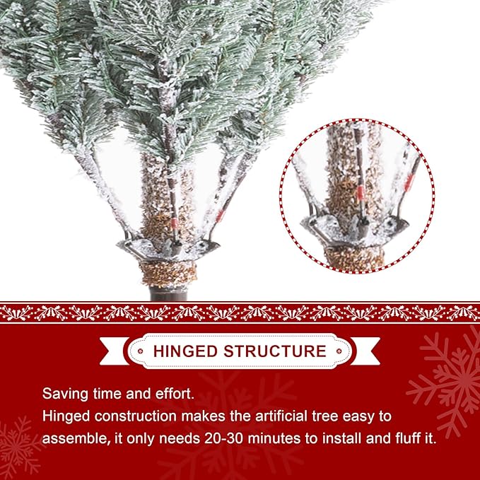 Glitzhome 10ft Prelit Christmas Tree, Artificial Flocked Christmas Tree with 2335 PE&PVC Branch Tips, Deluxe Majestic Frostfall Fir Holiday Tree w/700 Warm White Lights, Three Function, Easy Assembly