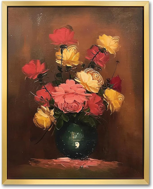 AIMAILON Vintage Gold Canvas Wall Art Framed Decor for Living Room Kitchen Classical Still Life Three Color Rose Artwork Warm Moody Botanical Aesthetic Picture Home Decoration 16x20