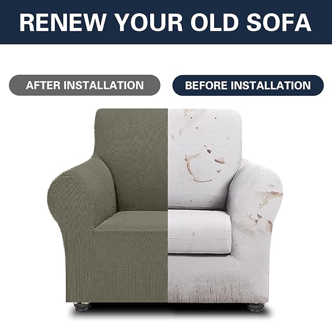 Cupuamon 2025 New Stretch Chair Sofa Slipcovers Couch Cover for 1 Seater Furniture Protector Sofa Covers with Elastic Bottom Jacquard Fabric Small Checks for Pets, Kids - Khaki