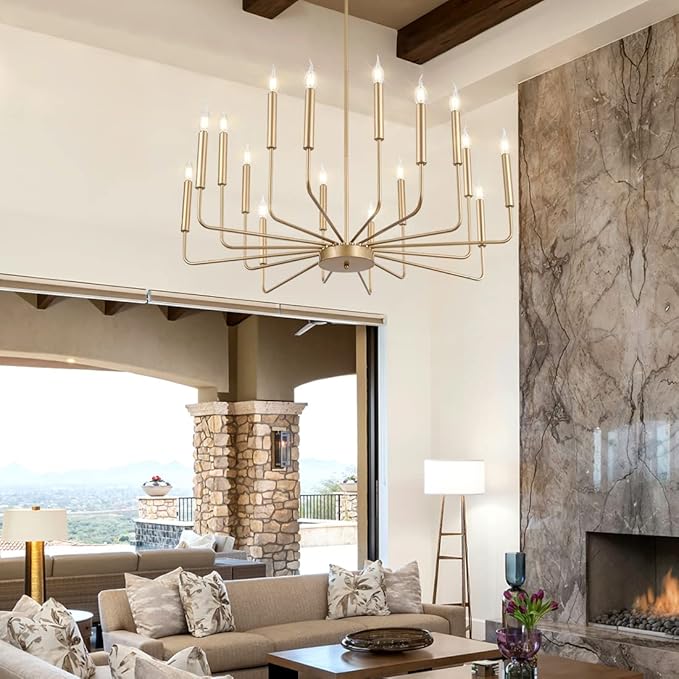 Modern Farmhouse Gold Chandelier, 16-Light Rustic Candle Chandelier, Industrial Hanging Chandeliers for Dining Room, Kitchen, Foyer, Entryway, Living Room
