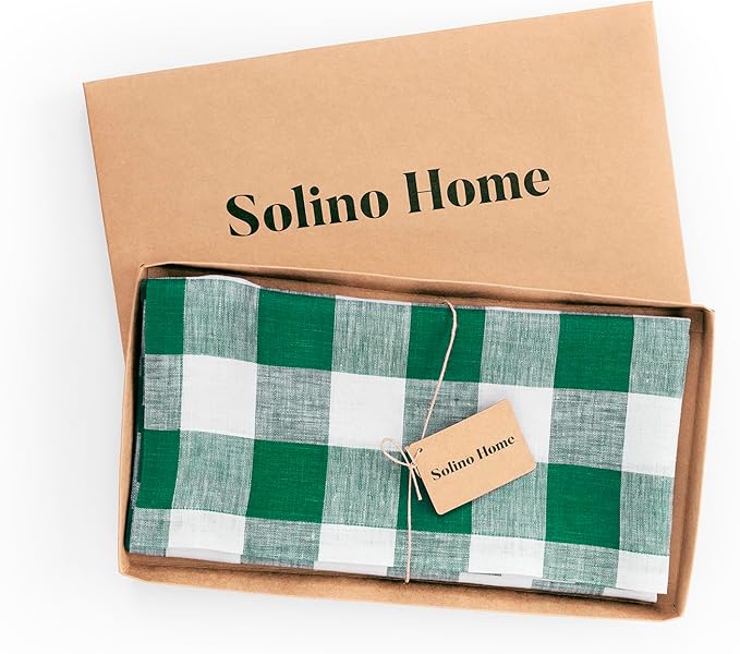 Solino Home Linen Checkered Tablecloth 52 x 52 Inch - 100% Pure Linen Green and White Square Table Cloth - Machine Washable Buffalo Plaid Table Throw