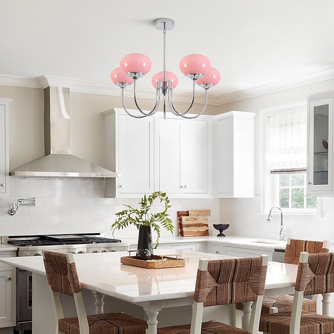 BOKT Nordic Pink Chandelier 5 Heads Chrome Chandelier Pendant Light Fixture Dining Room Oval Glass Globe Ceiling Chandeliers Elegant Decorative Chandeliers for Girls' Bedroom