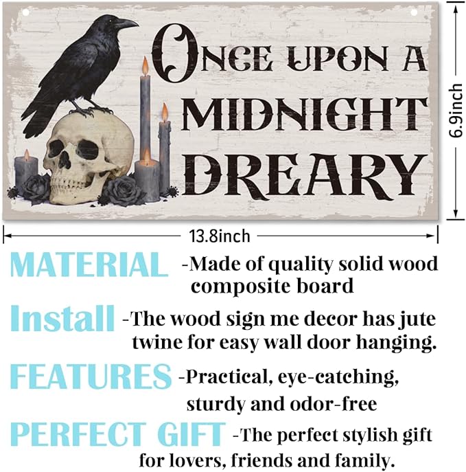 Gothic Wooden Hanging Decor Sign, Once Upon A Midnight Dreary, Skull and Raven Pattern Wooden Sign, Gothic Gift For Friend, Hanging Decor for Home Wall 7x14 Inches