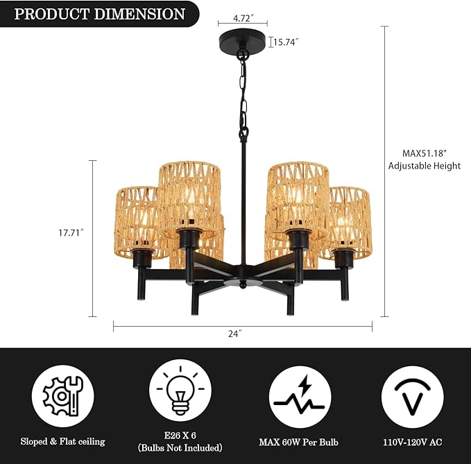 6-Light Boho Rattan Chandeliers for Dining Room Black Farmhouse Pendant Lights Kitchen Island Adjustable Height Rustic Chandelier for Living Room Bedroom Entryway Foyer E26 Base