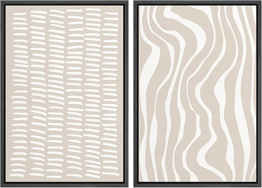 SIGNWIN Framed Canvas Print Wall Art Set Tan White Geometric Stripe Collage Abstract Shapes Cozy Neutral Modern Art Minimal Boho Relax/Calm for Living Room, Bedroom, Office - 16"x24"x2 Black