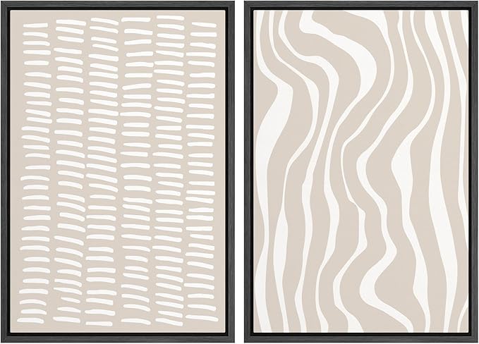 SIGNWIN Framed Canvas Print Wall Art Set Tan White Geometric Stripe Collage Abstract Shapes Cozy Neutral Modern Art Minimal Boho Relax/Calm for Living Room, Bedroom, Office - 24"x36"x2 Black