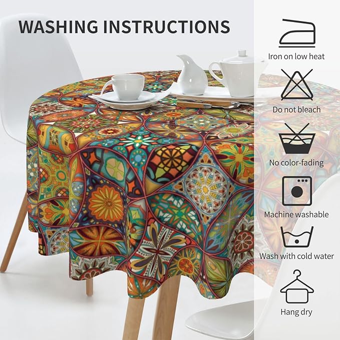 Mexican Ceramic Round Tablecloth, Colorful Talavera Tile Mandala Traditianal Boho Water Resisitant Wipeable Table Cover for Dining Kitchen Living Room Home Party Holiday Decor 70 inch Round