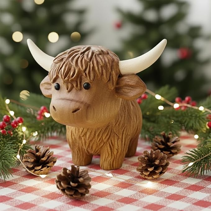 Hand Carved Wooden Highland Cow Figurine - Handmade Rustic Farmhouse Animal Decor, Solid Wood Miniature Sculpture, 3.5" Artisan Wooden Gift for Desk, Shelf, or Nursery