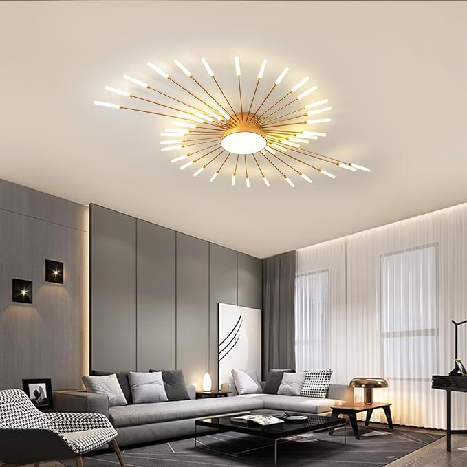JAYMP Ceiling Light Modern Flower Shape Ceiling Lamp for Living Room Dining Room Flush Mount Metal Acrylic Sputnik Firework Petal LED Lighting Fixture (Matte Gold, 42+1 Lights)