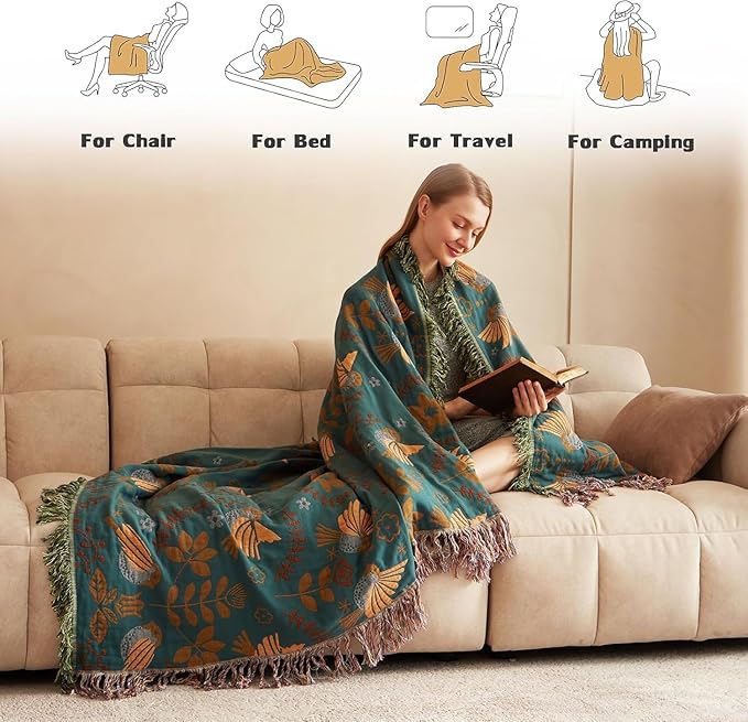Boho Throw Blanket for Bed 100% Cotton Ultra Soft Rustic Quilt Fall Blanket Bird Floral Printed Farmhouse Decor Large Bed Blankets,60"×80" All Season Rustic Throw for Sofa Couch Chair
