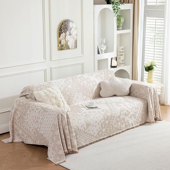 ROOMLIFE Boho Beige Couch Cover for Dogs, Washable Non Slip Furniture Protector Couch Sofa Covers for 3 Cushion Couch, Soft Breathable Sofa Slipcovers Couch Cover Throw Blanket with Tassels71''X150''