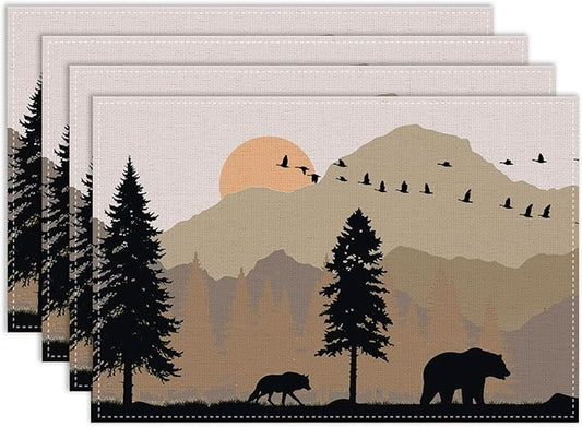 Rustic Animal Placemat Set of 6, 12x18 Inch Vintage Bear Deer Birds Wildlife Animal Aztec Forest Pine Tree Cabin Country Lodge Coffee Table Mats for Outdoor Kitchen Dining Table Decoration