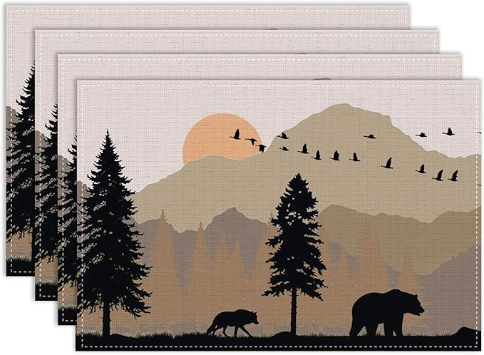 Rustic Animal Placemat Set of 4, 12x18 Inch Vintage Bear Deer Birds Wildlife Animal Aztec Forest Pine Tree Cabin Country Lodge Coffee Table Mats for Outdoor Kitchen Dining Table Decoration