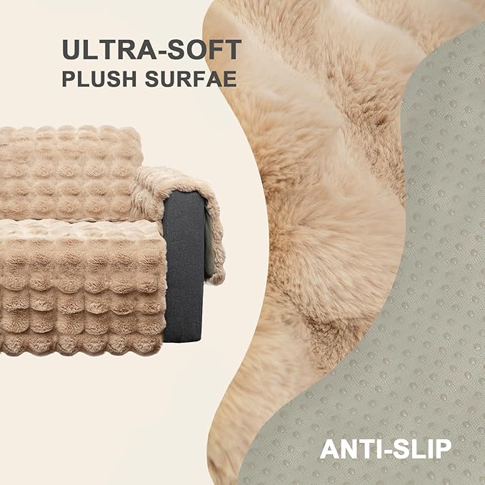 Plush and Fuzzy Shaggy Couch Cover, Dog Pad Faux Fur Sofa Cover, Water Resistant Slipcover, Non-Slip Furniture Protector for Kids,Dogs,Cats.(Light Brown-Bubble, Large Sofa)