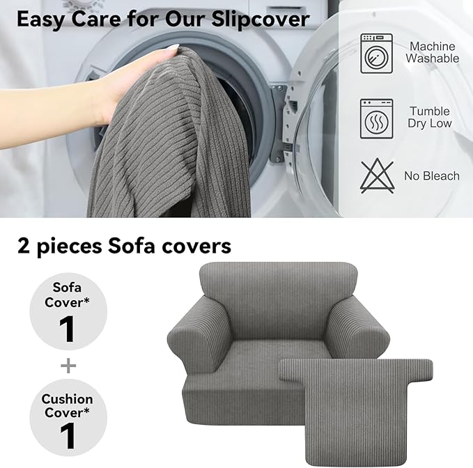 Waterproof Chair Cover with Arms 2-Piece Set Striped Slipcover for 1 Separate T Cushion Couch - TPU Fabric Armchair Covers Leakproof Couch Protector for Kids, Pets(Chair, Gray)