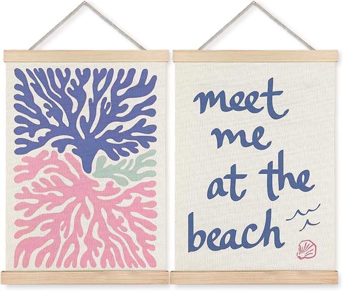 ignytiger Coastal Pink and Blue Coral Meet Me at the Beach Wall Art Poster Framed, Beach House Decor, Coastal Beachy Canvas Wall Art Prints for Home Bedroom Living Room Decor, 12x16 Inches Set of 2