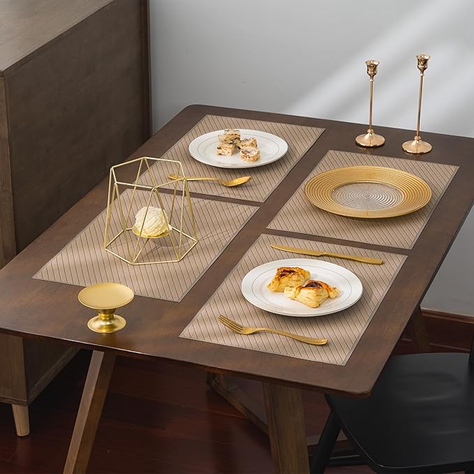 BACKTOEDEN Placemats Set of 8 Heat Resistant Washable Wipeable Placemat Woven Non-Slip Foldable Vinyl/Plastic Place Mats Indoor/Outdoor Mat Kitchen Dining Table Pad, Khaki Twill