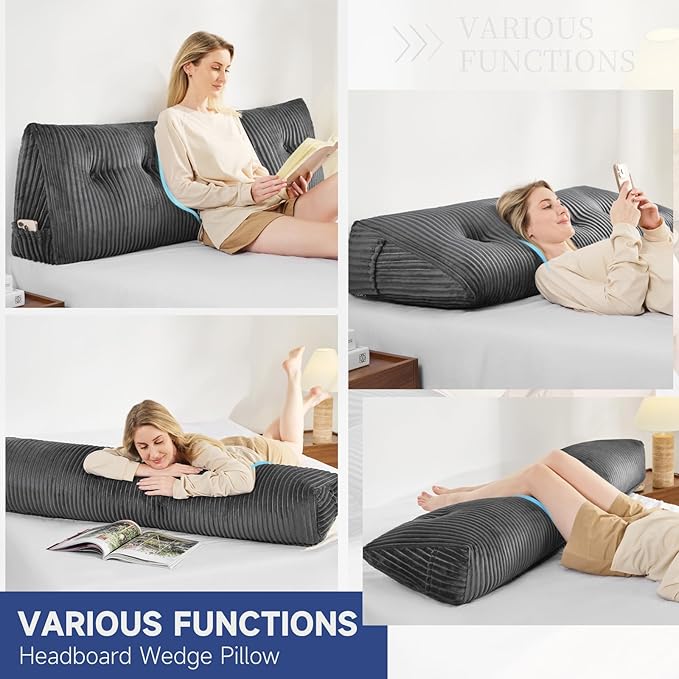 Z-hom Full Headboard Pillow, Triangular Wedge Reading Pillow for Bed or Sofa, Ergonomic Backrest Cushion for Sitting Up, Reading or Relaxing, with Side Pocket，Removable Washable Cover,Grey
