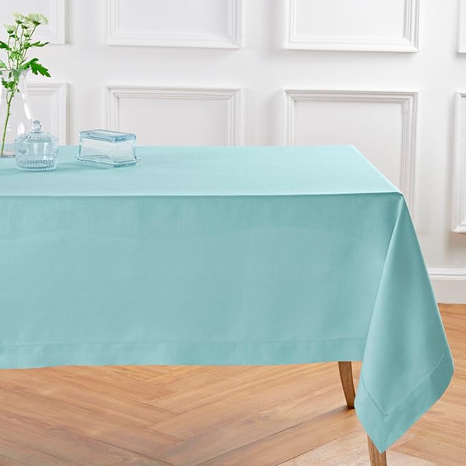 Solino Home Linen Tablecloth for Rectangle Tables 60 x 144 Inch - Classic Hemstitch 100% Pure Linen Aqua Blue Table Cloth - Machine Washable Cloth Tablecloth for Christmas