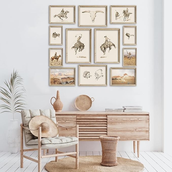 Kizbok Western Deor Vintage Farmhouse Cowboy Western Wall Decor, Retro Southwestern Wall Art Prints Country Cowboy Oil Paintings, Rustic Horse Riders Ranch Southwest Artwork Picture for Gallery Bedroom Bathroom western Home Decor (Set of 12, Unframed)