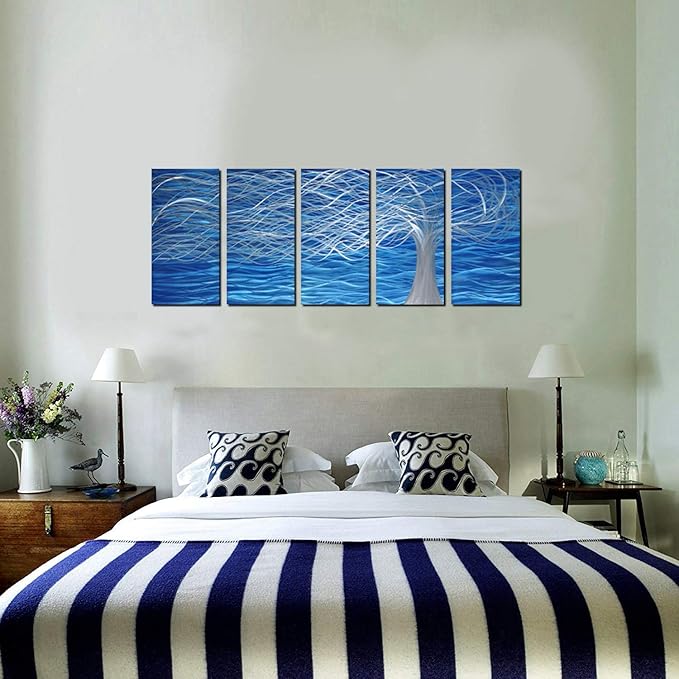Unique Metal Wall Sculpture, Metal Wall Art with Tree Painting Design, Abstract Modern and Contemporary Décor, Aluminum Blue Artwork, Indoor and Outdoor decoration, 5 panels 64"Wx24"H