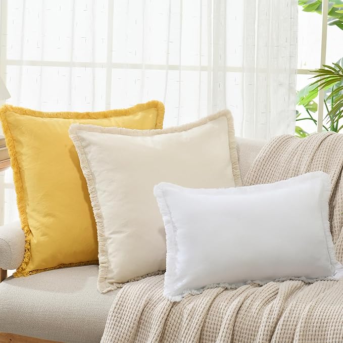ZWJD Pillow Covers 12x20 Set of 2 Beige Throw Pillow Covers with Fringe Chic Cotton Decorative Pillows Square Cushion Covers for Sofa Couch Bed Living Room Farmhouse Boho Decor