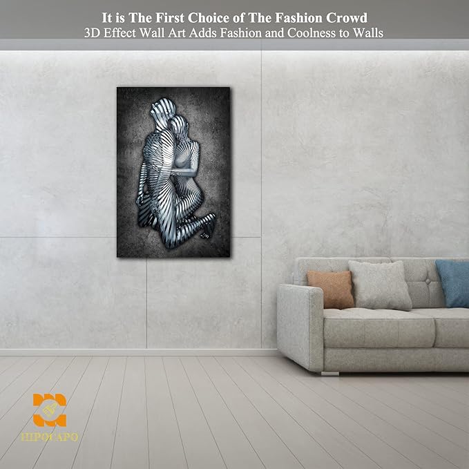 3D Metal Effect Wall Art - 3D Metal Art Wall, Modern Abstract Hug Lovers Painting Picture Poster Prints for Bathroom, Romantic Couple Living Room Canvas Wall Art Framed 28”x40”x1Pcs