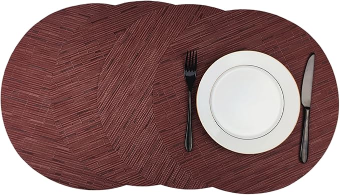 WAZAIGUR Round Placemats Set of 4 Woven Vinyl Easy to Clean Heat Resistant Kitchen Table Mats 15 Inch(Wine Red 4)