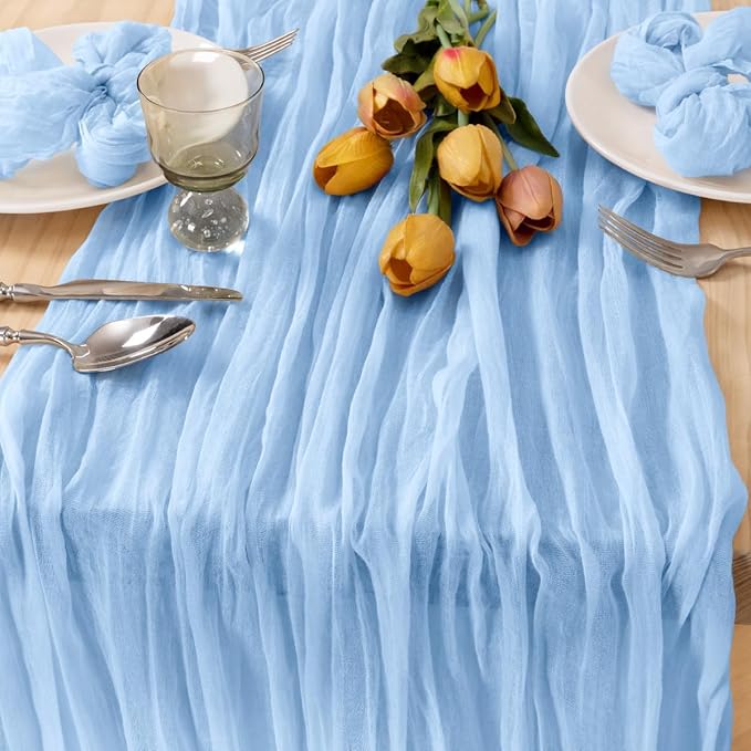 MLMC 3 Pack Light Blue Cheesecloth Table Runner Baby Blue Table Runner 10ft Sheer Rustic Cheese Cloth Baby Shower Decorations 35x120 Inches for Birthday Gender Reveal Baby Shower Wedding Decor
