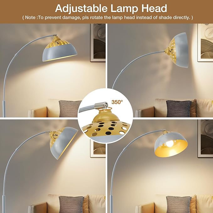 Arc Floor Lamps for Living Room, 71" Standing Lamp with Adjustable Lamp Head, Silver Metal Tall Lamps with Foot Switch, Arched Reading Light for Bedroom, Office, 9W 3 Color Temperatures Bulb Included