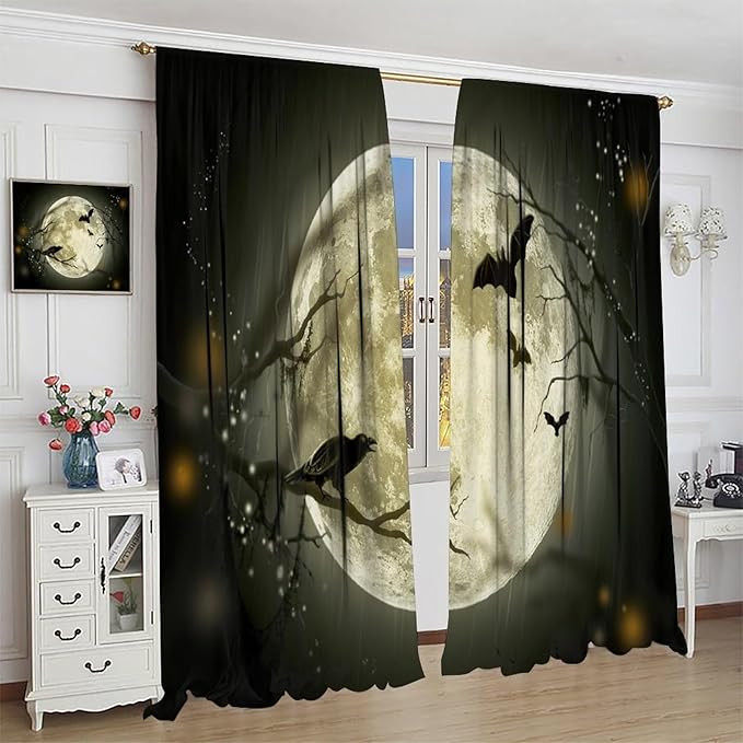 Gothic Halloween Full Moon Blackout Curtains, Gothic Halloween Night Black Bat Crow Print Window Drapes, for Kids Boys Bedroom Living Room 42(W)*84(L) 2 Panels