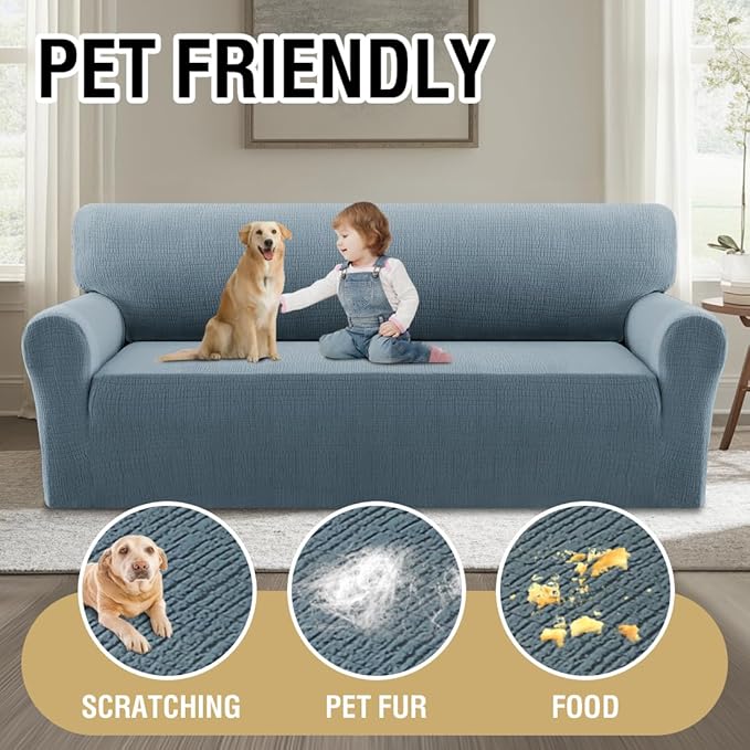 H.VERSAILTEX Jacquard Sofa Slipcover with Waterproof Seat Furniture Protector 1 Piece Stretch Sofa Covers with Elastic Bottom for Kids, Pets, Dog(Sofa L, Stone Blue)