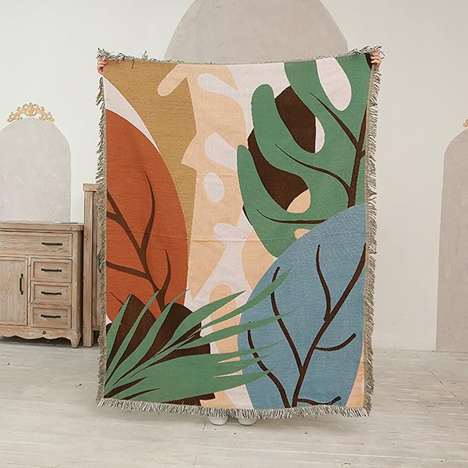 Double-Sided Cotton Woven Throw Blanket with Tassel Jungle Bohemian Style Tapestry Shawl Multi-Function Decorative Throws for Sofa Bed Armchair Camping Blanket Tablecloth Carpet 160x130cm