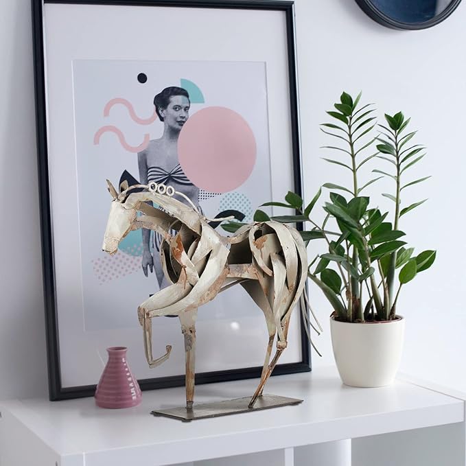 Handmade Metal Horse Statue Decor - Handcrafted & Hand-Painted Sculpture, Unique Rustic Figurine for Home, Office, Desk Decoration (White)