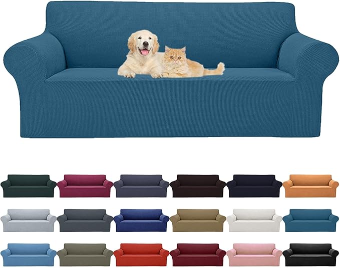 Cupuamon 2025 New Stretch Sofa Slipcovers Couch Cover for 3 Cushion Furniture Protector Sofa Covers with Elastic Bottom Jacquard Fabric Small Checks for Pets, Kids -Sofa, Peacock Blue