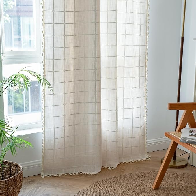 Sutuo Home Boho Curtains for Bedroom Dining Room 90 Inches Long, Beige Bohemian Farmhouse Vintage Chic Tassels Linen Semi Blackout Window Treatment Drape, 1 Panel 52" W x 90" L, Light Coffee Plaids