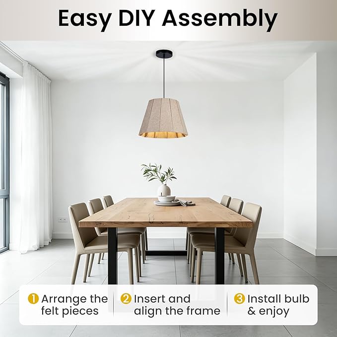 Pendant Light with Felt Lampshade, Modern Hanging Lamp Fixture, DIY Acoustic Pendant Light Chandeliers for Kitchen Island, Living Room, Dining Room, Bedroom, Office (D15.7"x11")