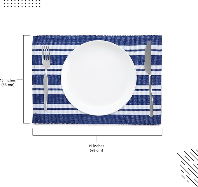 Encasa XO Dining Placemat Set of 6 | Solid Franca Blue Stripes Color | Fine Ribbed Cotton Table mat | Size 19x13 in |for Dining Table Fall Decoration, Holiday & Christmas Festivals - Machine Washable