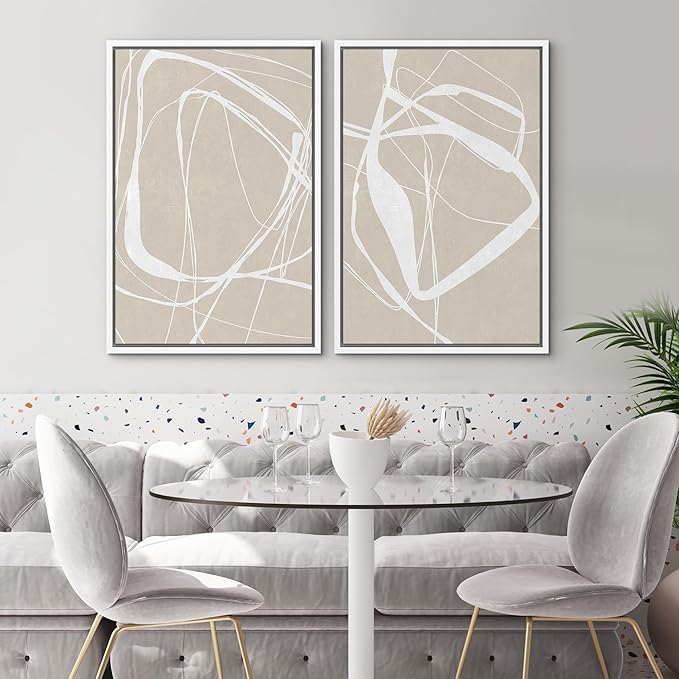 SIGNWIN Framed Canvas Print Wall Art Set Mid-Century Geometric Ring Pattern Abstract Shapes Cozy Neutral Minimalism Decorative Bohemian Relax/Zen for Living Room, Bedroom, Office - 24"x36"x2 White