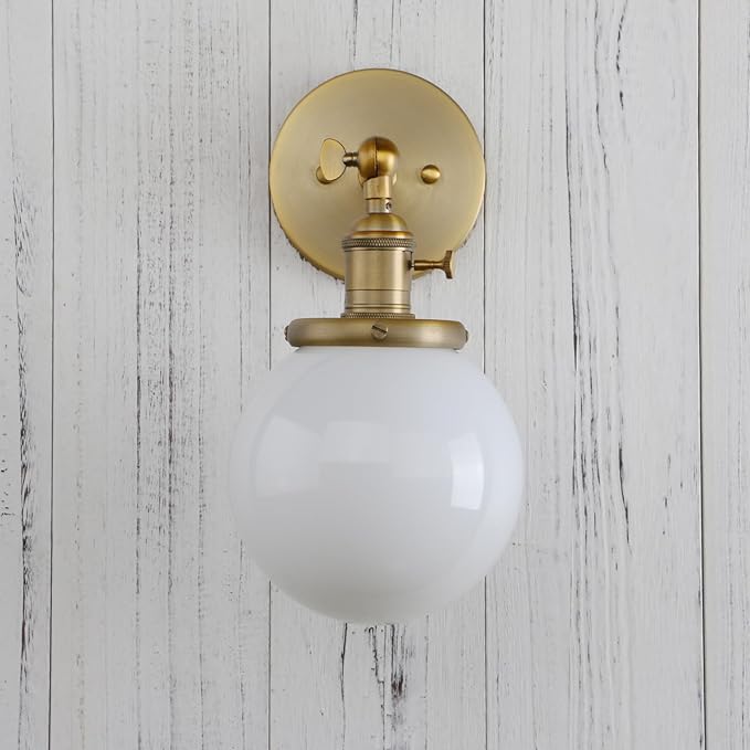 PERMO Vintage Wall Sconce Lighting Fixture with 5.9" Round Globe Milk White Glass Hand Blown Shade Hardwired Wall sconces with Switch (Antique Brass)