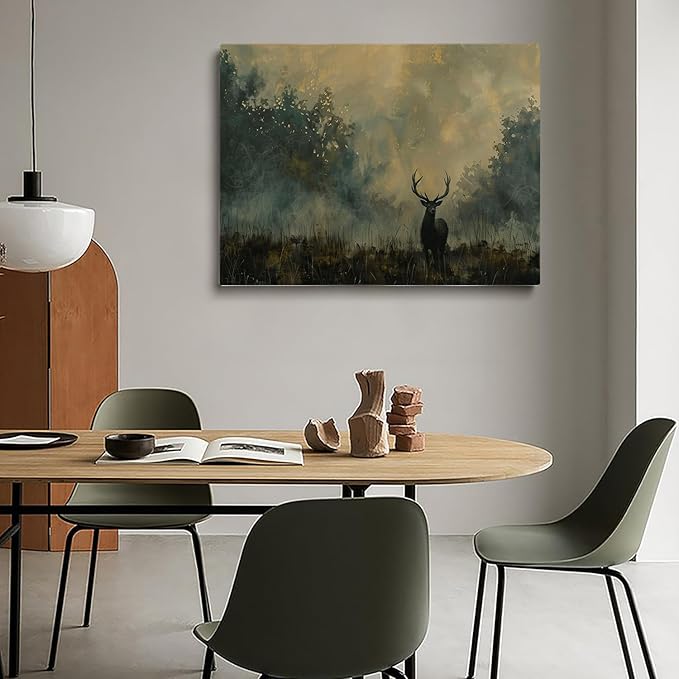 Antique Deer Wall Art Prints,Rustic Deer Painting,Vintage Woodl and Wildlife Poster,Landscape Painting Cabin Decor,Hunting Print