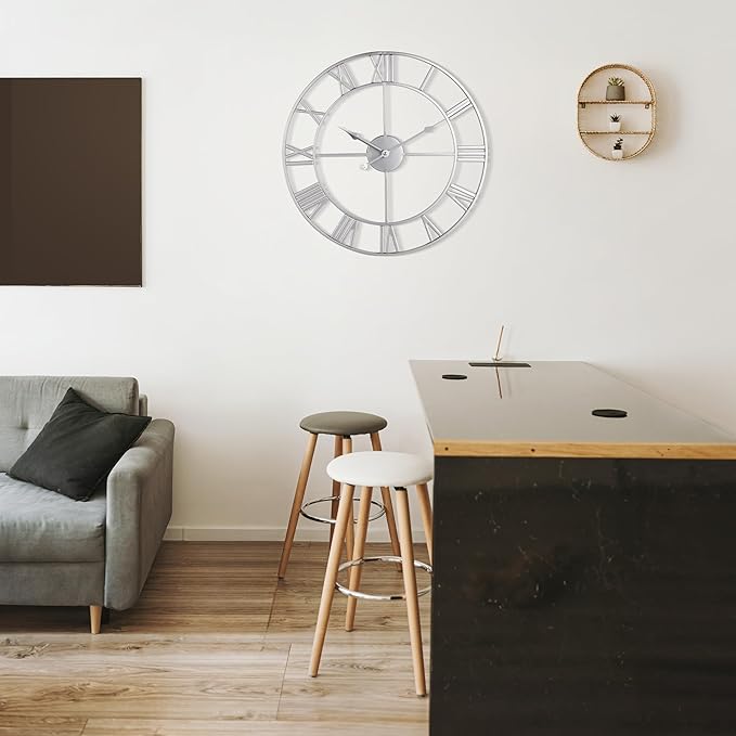 Large Wall Clock for Living Room Decor - 47cm/ 18 Inches Silent Non-Ticking Metal Wall Clocks Battery Operated, Vintage Decorative Modern Wall Clock for Bedroom, Office, Farmhouse Decor