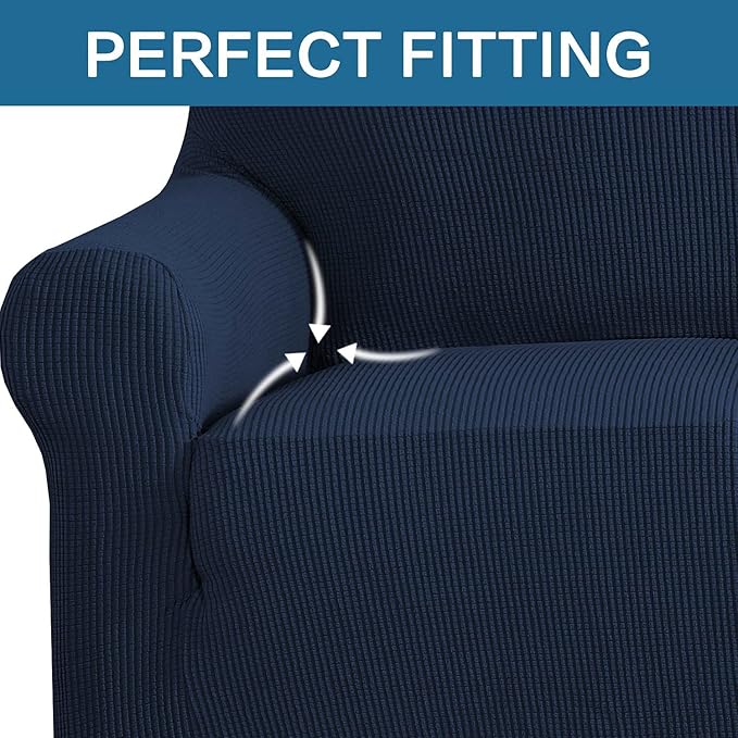 H.VERSAILTEX Stretch Chair Cover 1 Piece Armchair Slip Covers for Sofas/Couches with Elastic Bottom Soft Thick Furniture Protector for Dogs Cats Jacquard Small Checked(Armchair 31"-40", Navy)
