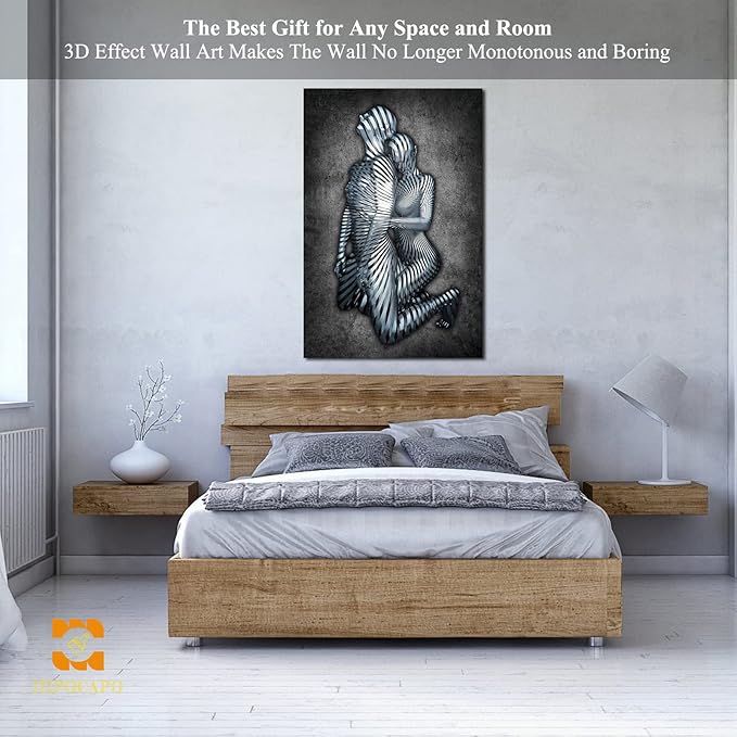 3D Metal Effect Wall Art - 3D Metal Art Wall, Modern Abstract Hug Lovers Painting Picture Poster Prints for Bathroom, Romantic Couple Living Room Canvas Wall Art Framed 32”x48”x1Pcs