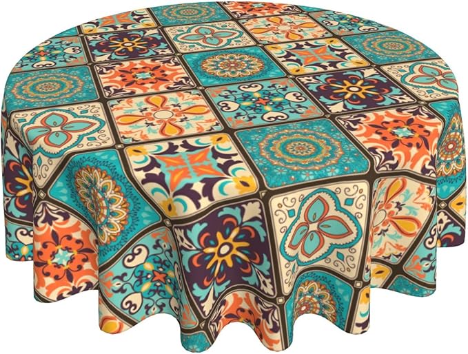 Mexican Ceramic Round Tablecloth, Colorful Talavera Tile Mandala Traditianal Boho Water Resisitant Wipeable Table Cover for Dining Kitchen Living Room Home Party Holiday Decor 70 inch Round