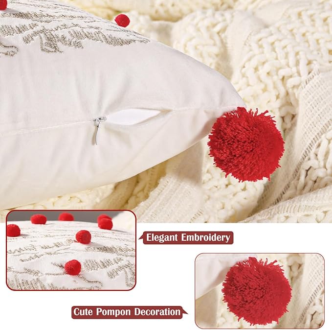 Lewondr Christmas Throw Pillow Covers, 2 Pack Christmas Letter Snowflake Christmas Tree Embroidery 18x18 Pillowcases Home Xmas Decorative Soft Cushion Covers for Sofa Bed Chair