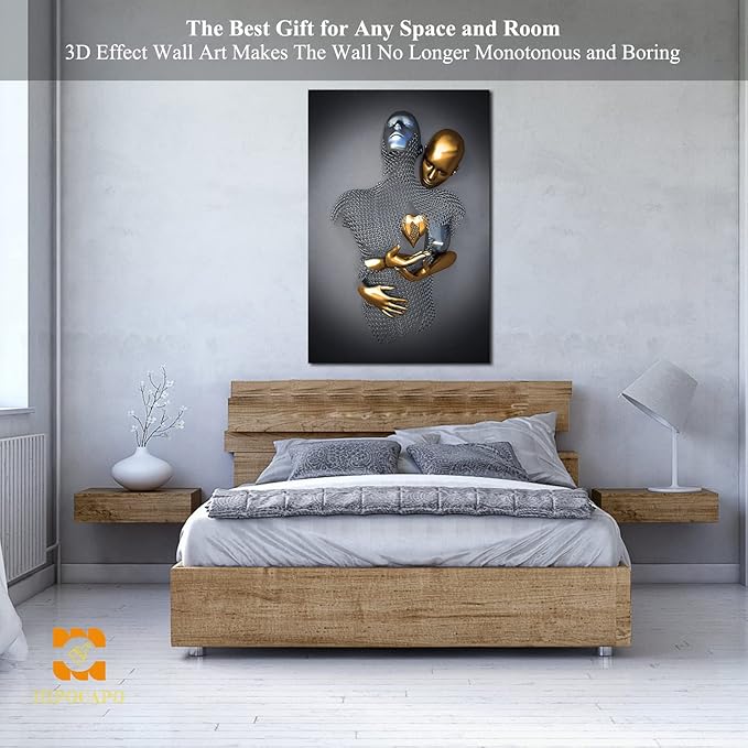 HIPOCAPO 3D Metal Effect Wall Art - Love Heart Canvas Art, Decor for Living Room, Framed Romantic Couple pictures bedroom 32”x48”x1Pcs 3d Art-26