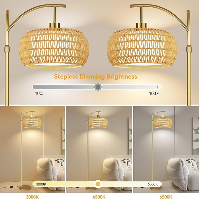 Gold Floor Lamps for Living Room Boho Rattan Floor Lamp with Remote Control & Wicker Lampshades,Vintage Brass Standing Lamp Dimmable Tall Floor Lamp for Bedroom Living Room Corner