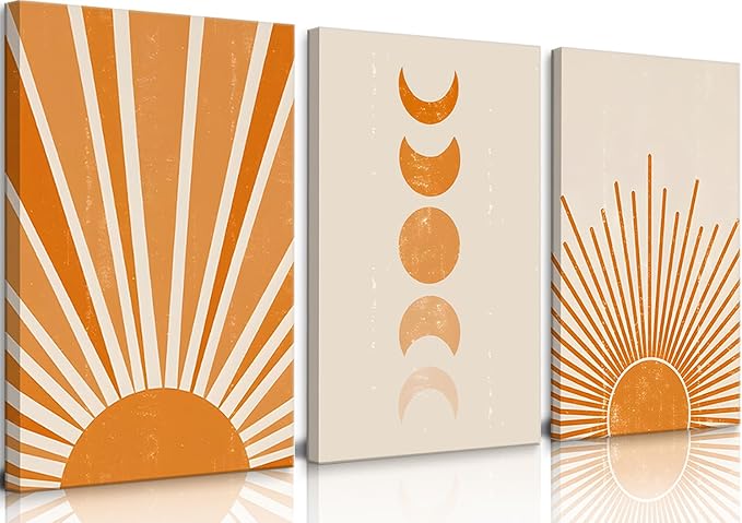 3Pcs Boho Minimalist Wall Art Abstract Sun Moon Canvas Wall Decor Beige Sunshine Mid Century Modern Nordic Style Pictures Prints Posters for Living Room Bedroom Home Decor Ready To Hang 12x16in